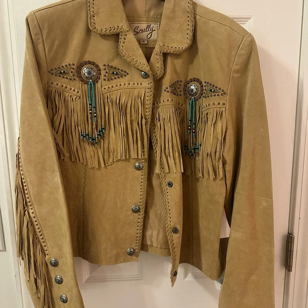 Scully Tan Suede Fringe Jacket with Turquoise Beadwork - Picture 1 of 4